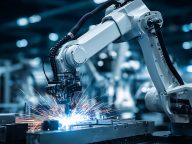 Industrial robotic arm performing welding with sparks in a manuf