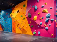 Indoor artificial rock climbing walls with coloured holds , no p