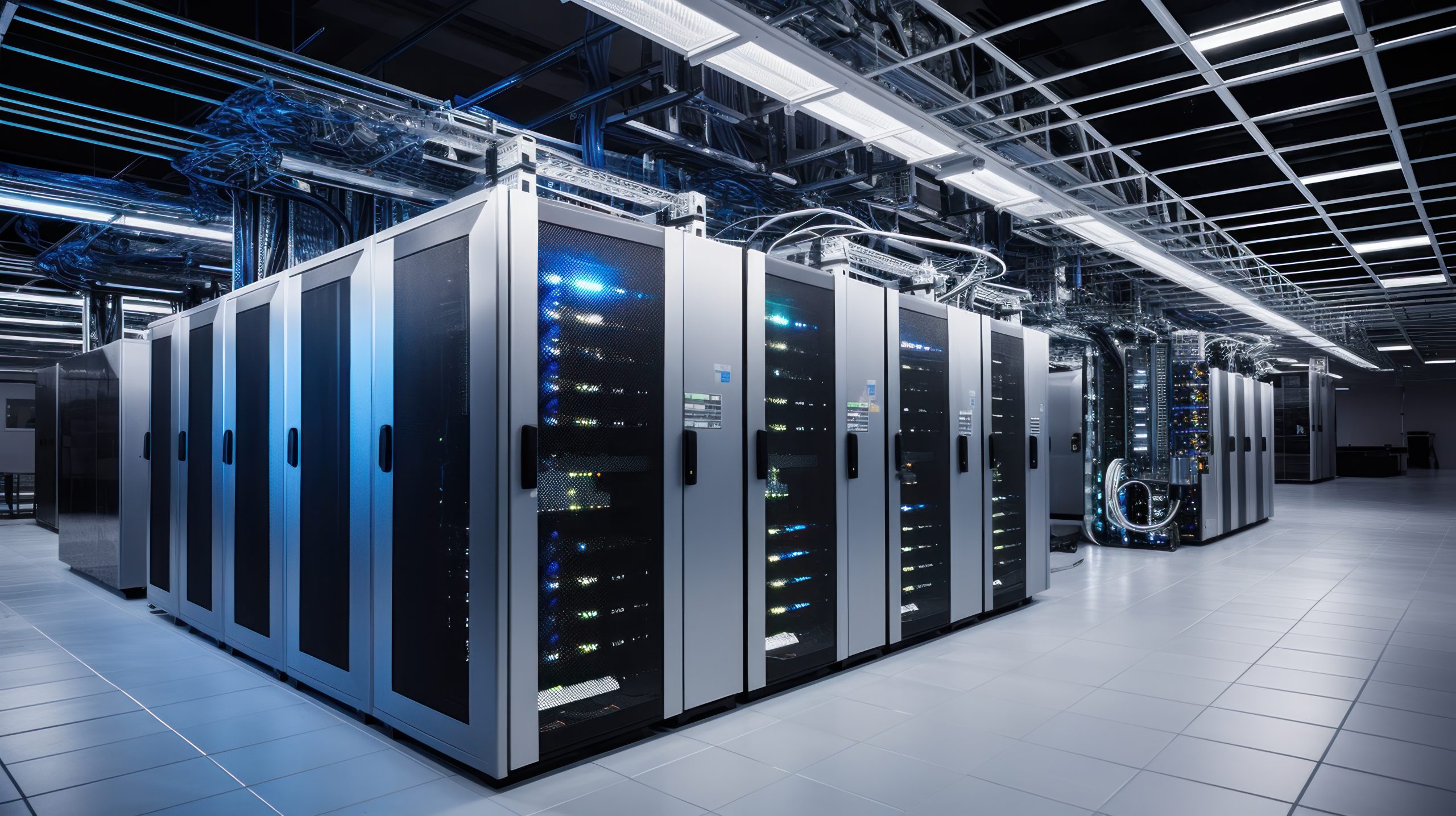 Depict a state of the art data center with rows of server racks,