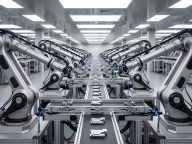 High-Tech Assembly Line Featuring Industrial Robots in a Modern