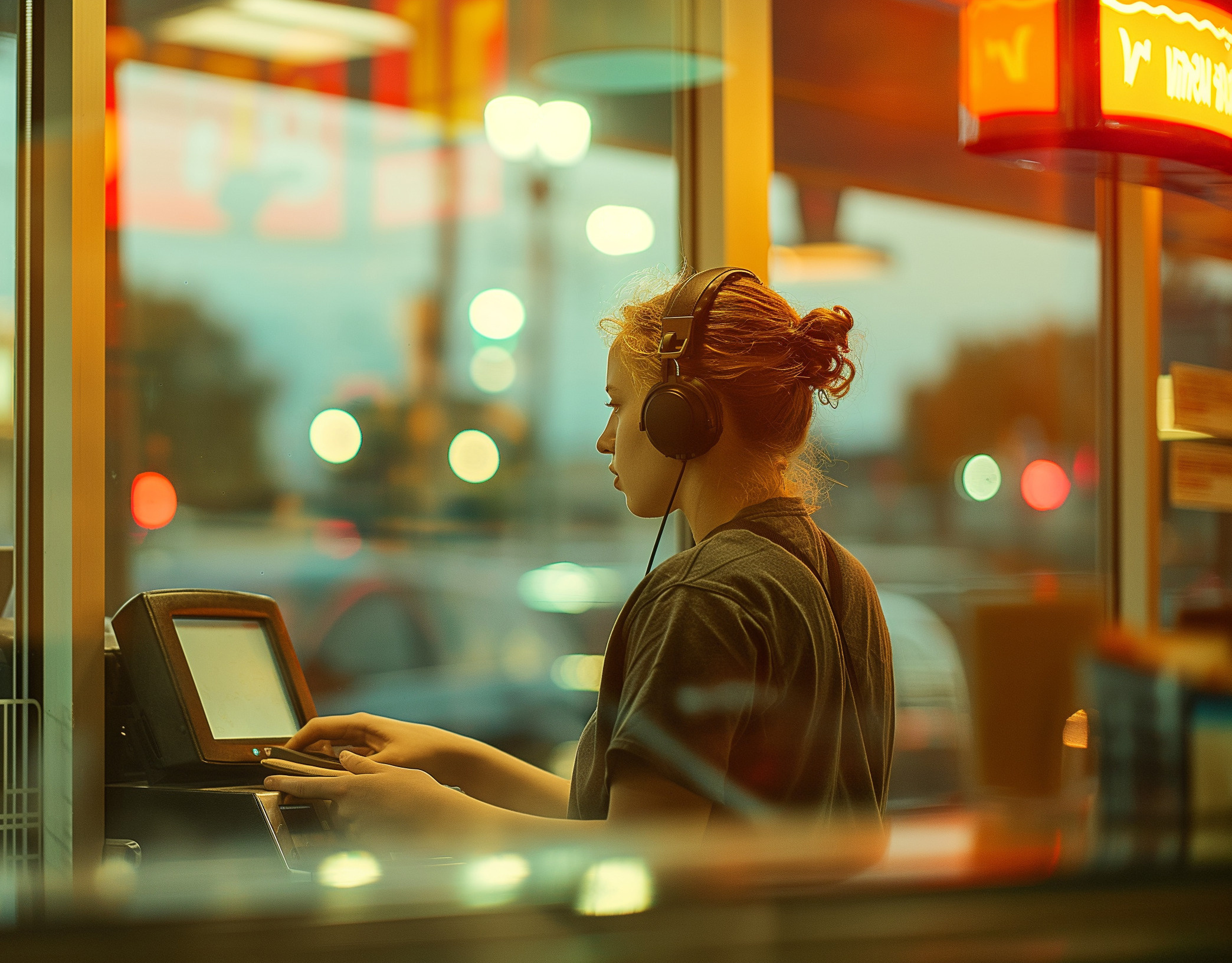 Young fast food worker taking orders at the drive-thru, window p