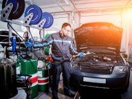 Engine oil change. Car repair.