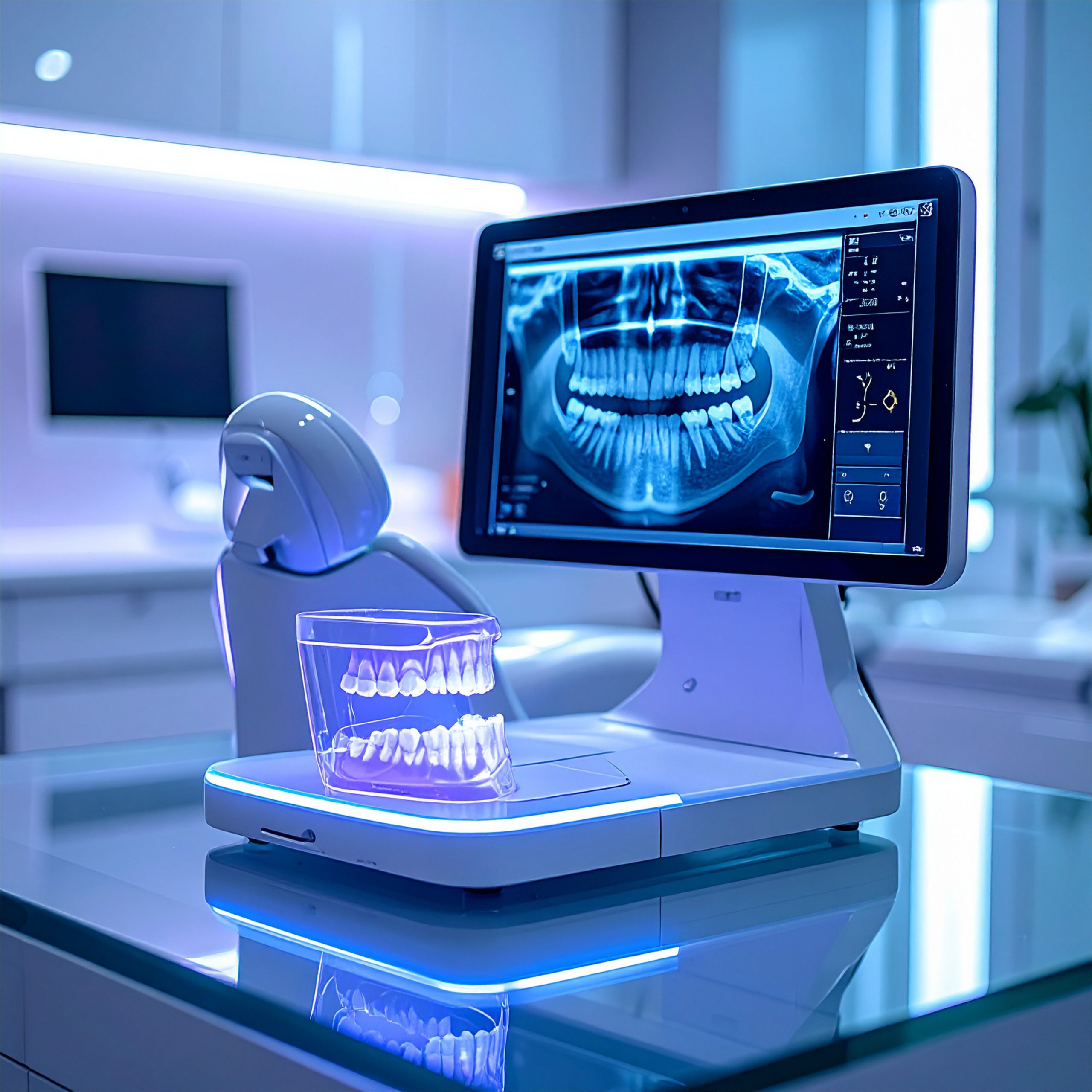 Hero shot of a digital intraoral scanner on a glass tabletop wit