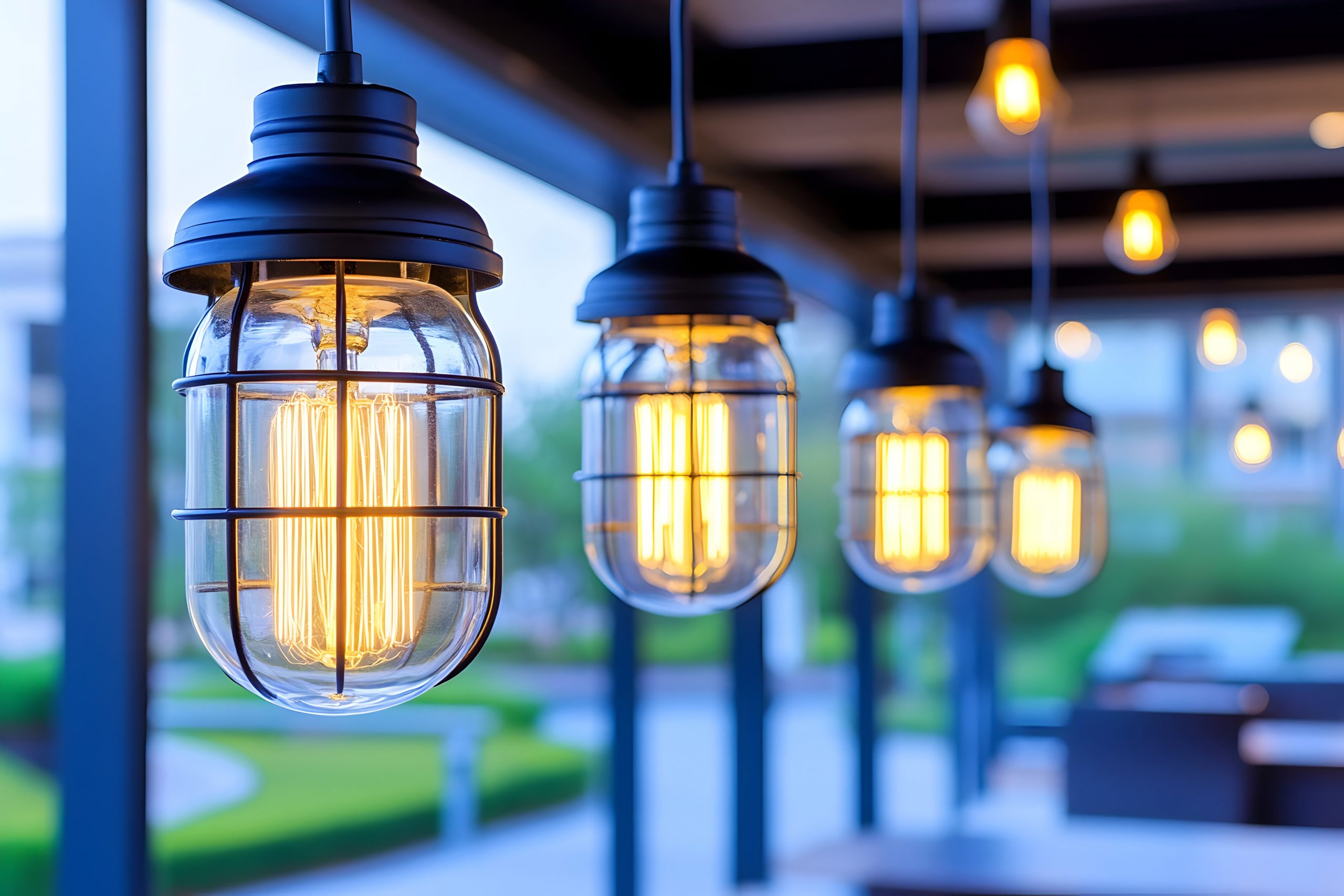 Warm-toned Edison bulb pendant lights hang in a row, softly illuminating a modern space