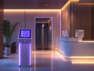 Ai generated modern hotel lobby with interactive digital check-in kiosk
