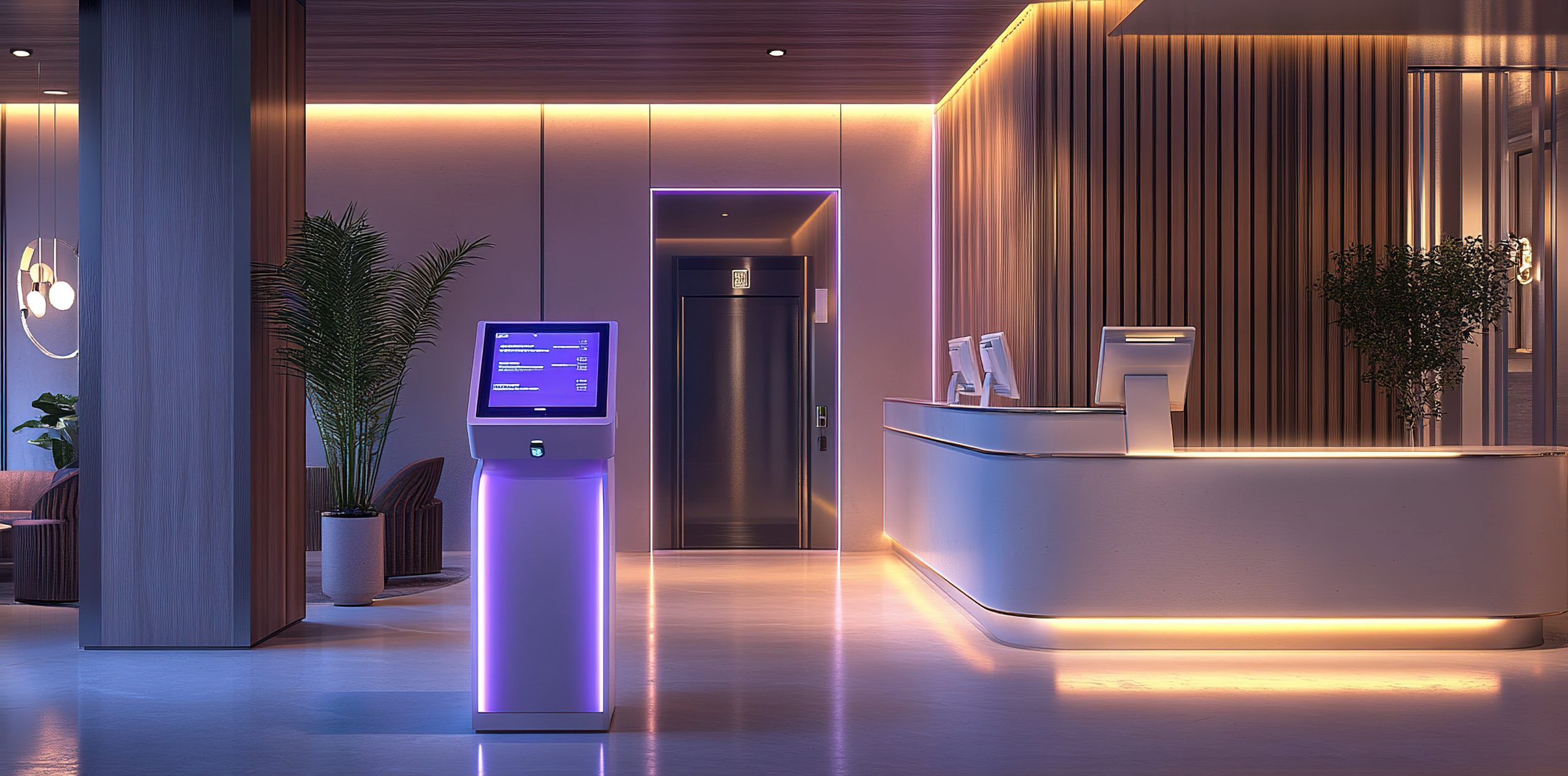 Ai generated modern hotel lobby with interactive digital check-in kiosk