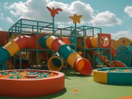 Modern and cheerful outdoor playground for kids, featuring color
