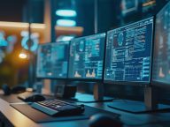 High-tech network server room with multiple computer monitors di