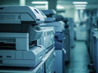 Row of office printers in a workspace