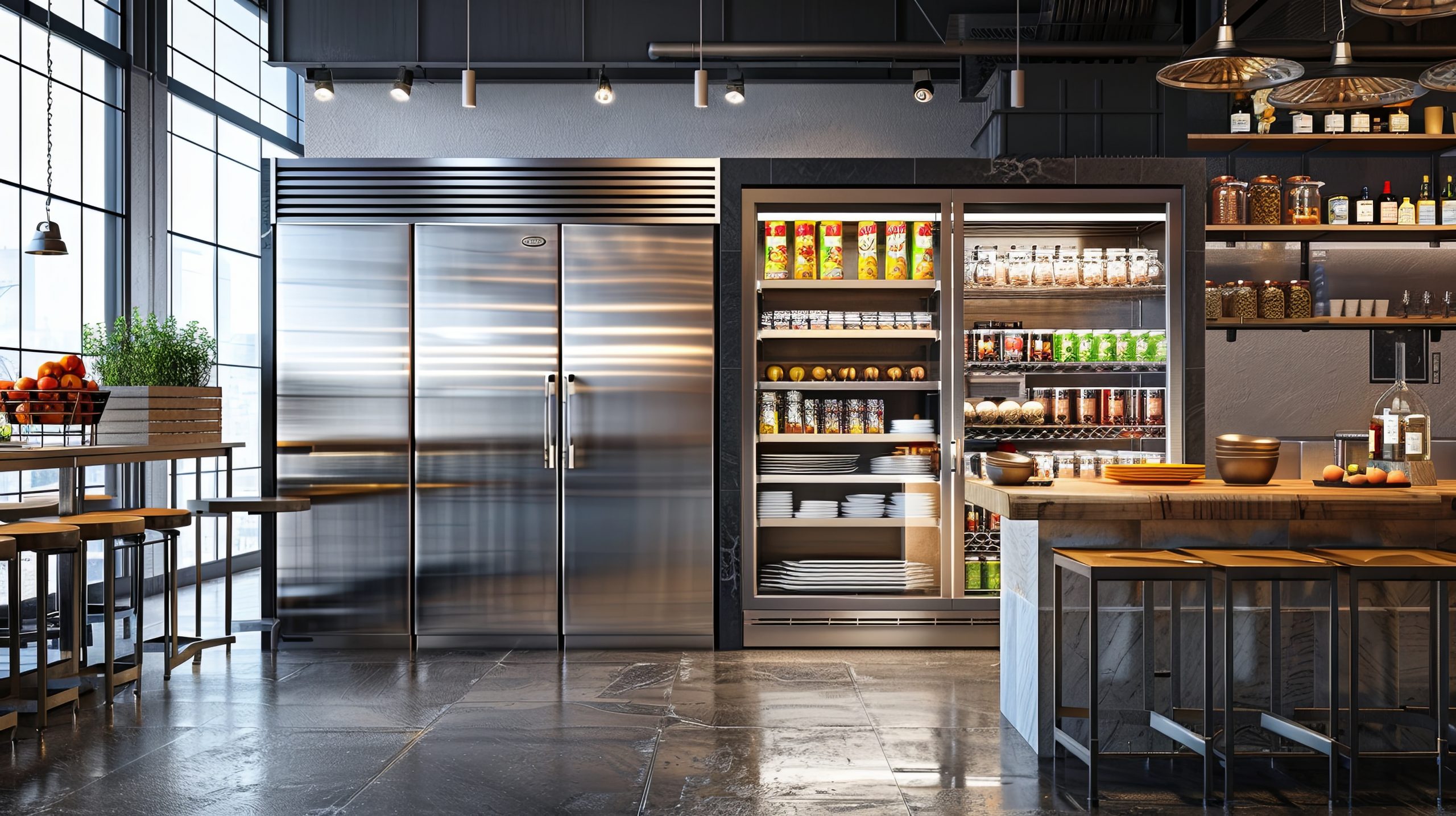 Refrigerator chamber with steel shelves in a restaurant