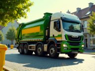 modern green garbage truck on city street collecting garbage for