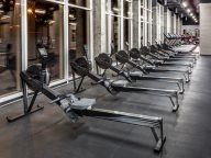 Lined modern rowing machines and treadmills by window in spacious, empty gym interior. Special equipment for physical training. Sport, fitness