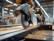 Woodworking machinery cutting lumber in factory