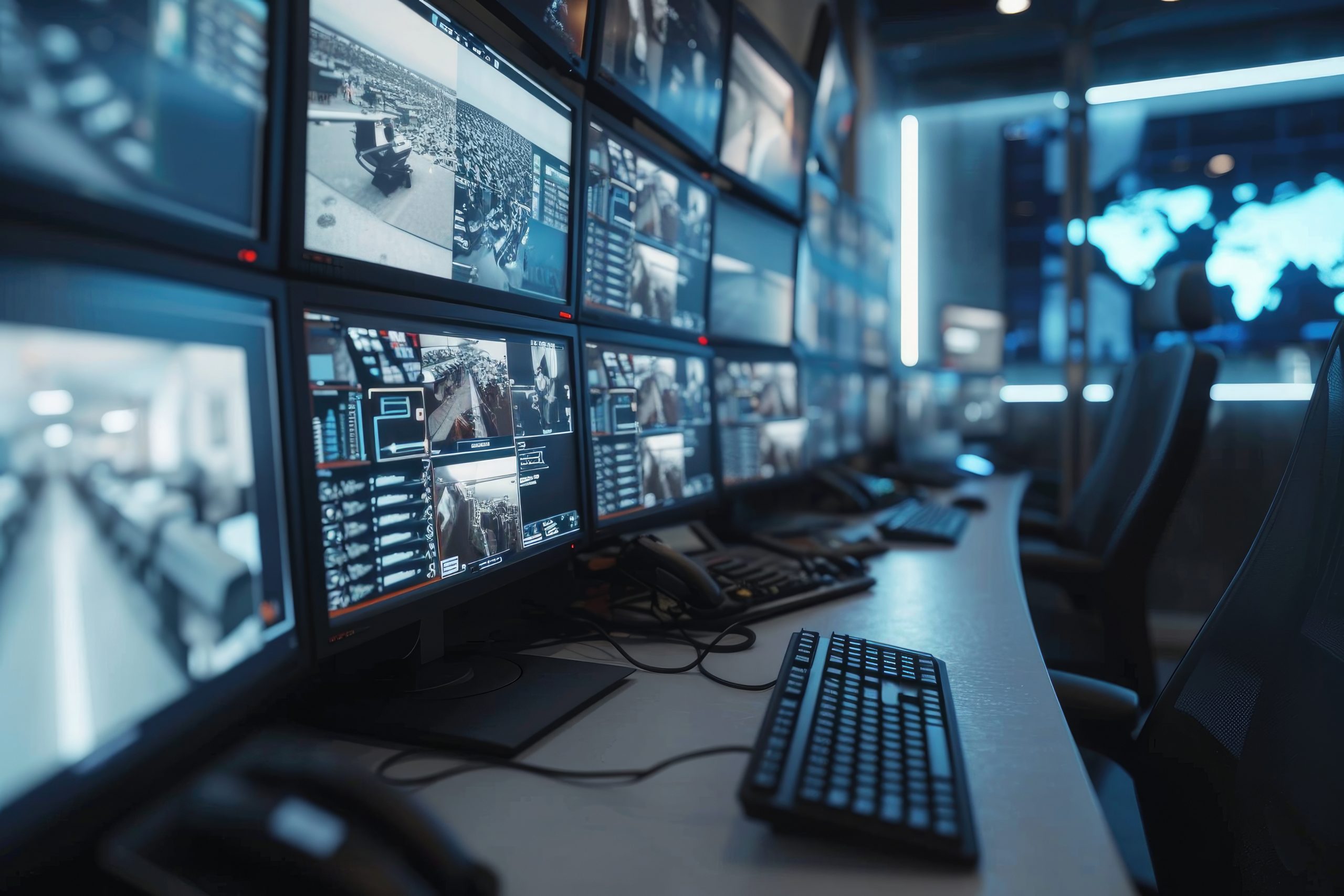 Industry 4.0 Modern Factory: Security Control Room with Multipok