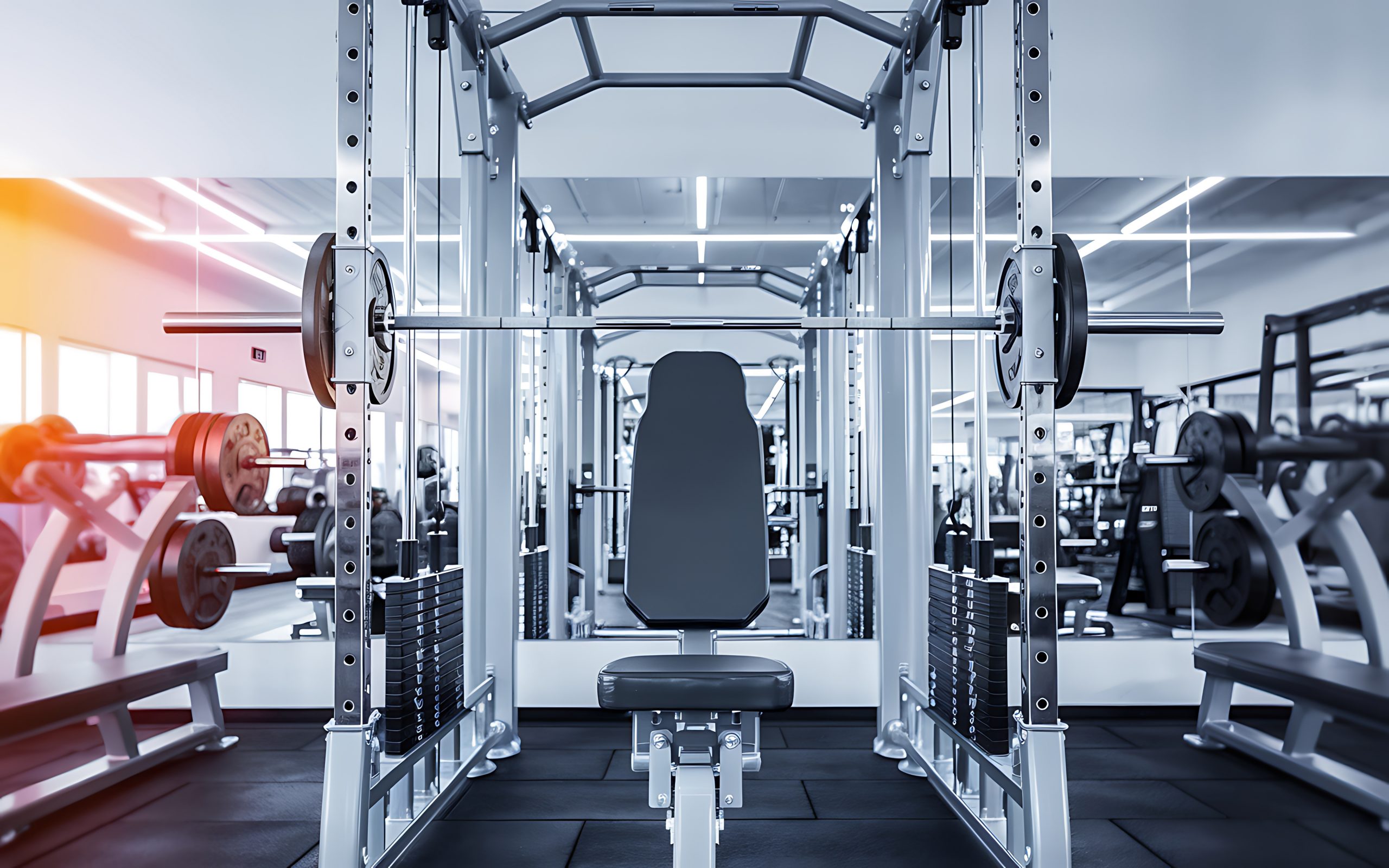 Modern gym interior with weightlifting equipment and a bench in the center.