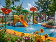A vibrant and colorful children’s water playground with multiple