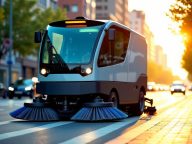Autonomous street sweeper cleaning urban road at sunset