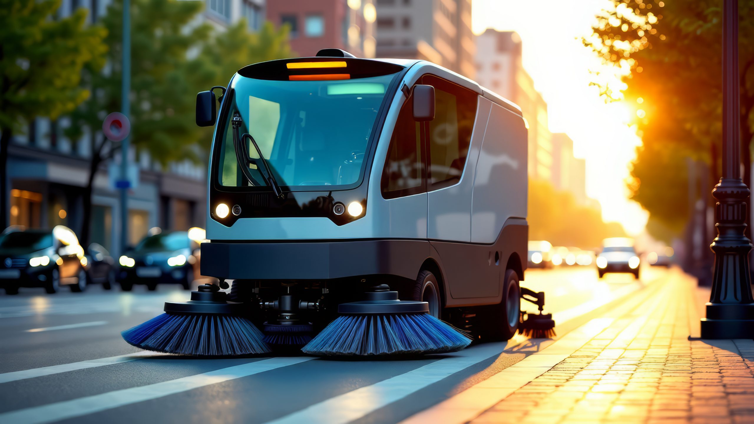 Autonomous street sweeper cleaning urban road at sunset
