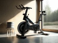 A stationary bicycle in a garage ready to workout at home. Gener