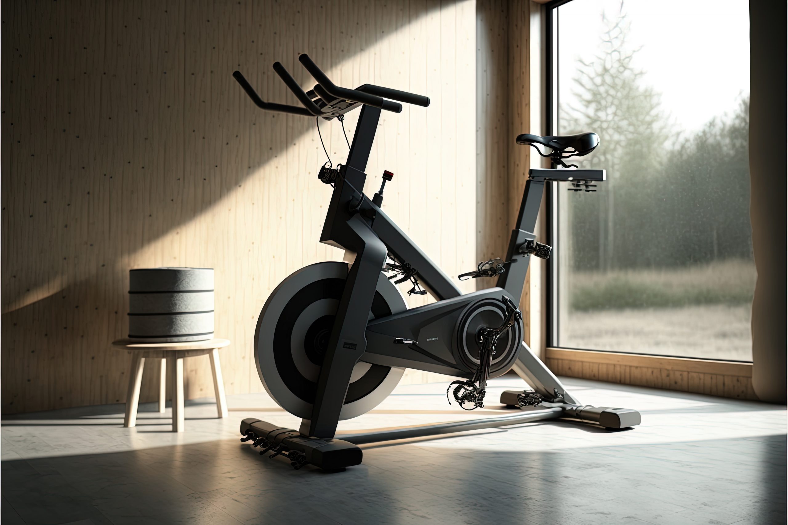 A stationary bicycle in a garage ready to workout at home. Gener