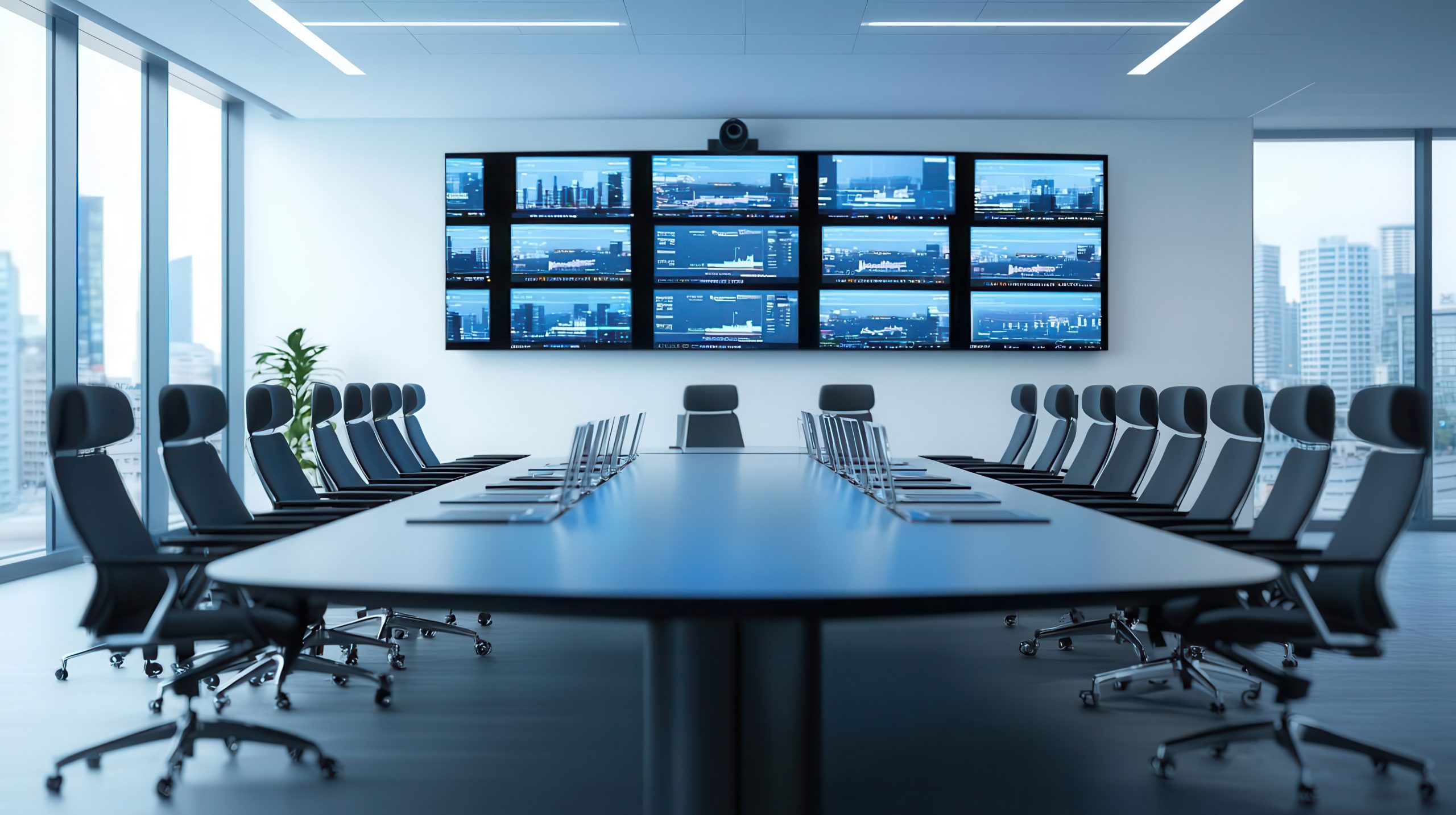 Techcentric bank conference room with large touchscreens, video conferencing tools, and integrated audio systems, techcentric conference room, modern, interactive
