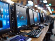 Several desktop computers arranged in a row in a busy office env