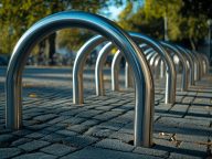 Outdoor metal bike racks on paved ground