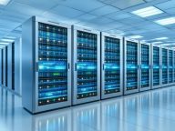 A modern data center with rows of illuminated servers in sleek c