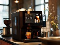 Coffee machine with touchscreen display on a table making coffee