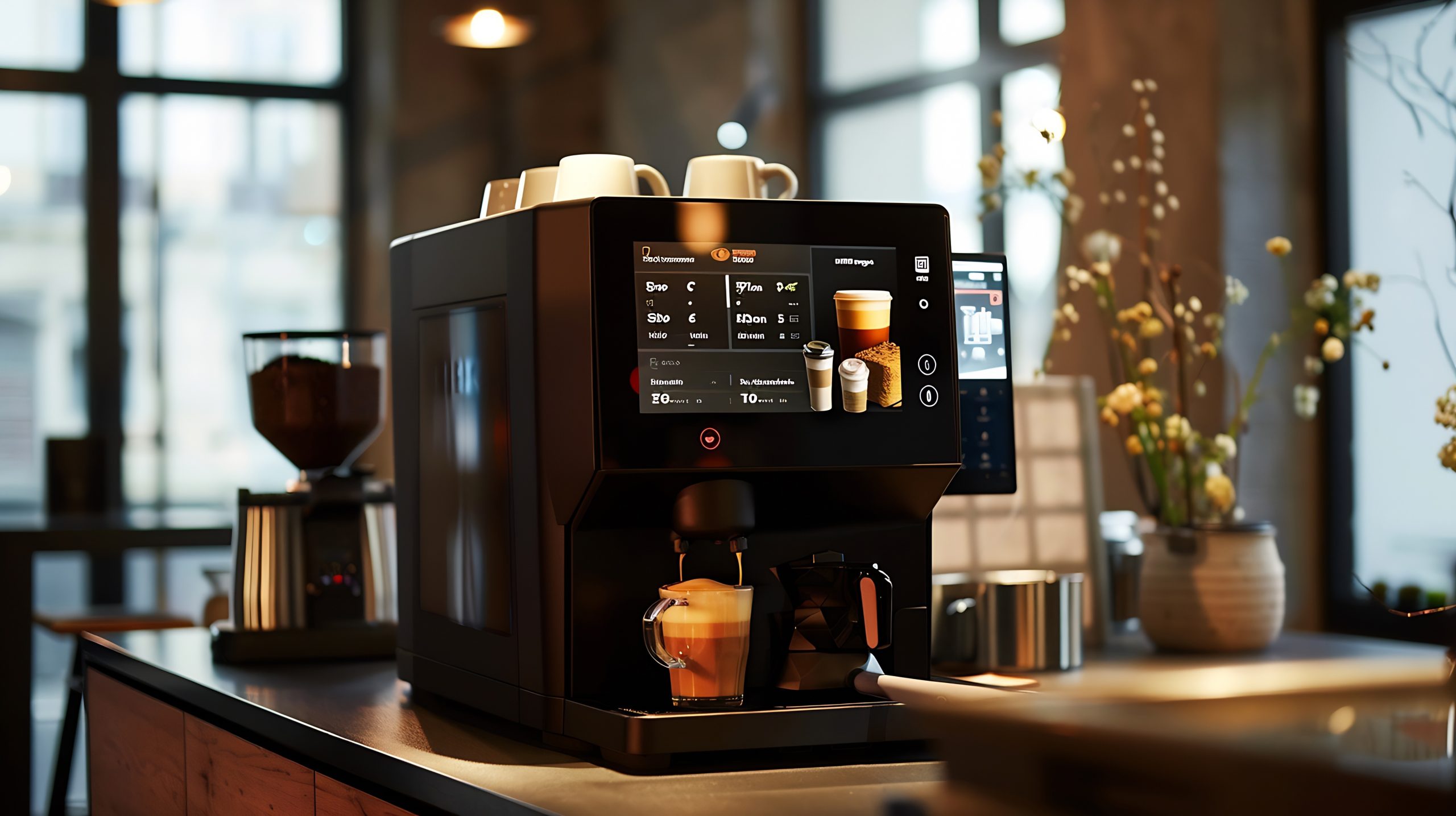 Coffee machine with touchscreen display on a table making coffee