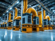 Dust collection systems in a large industrial warehouse, multiple high-efficiency machines working together to keep the environment clean
