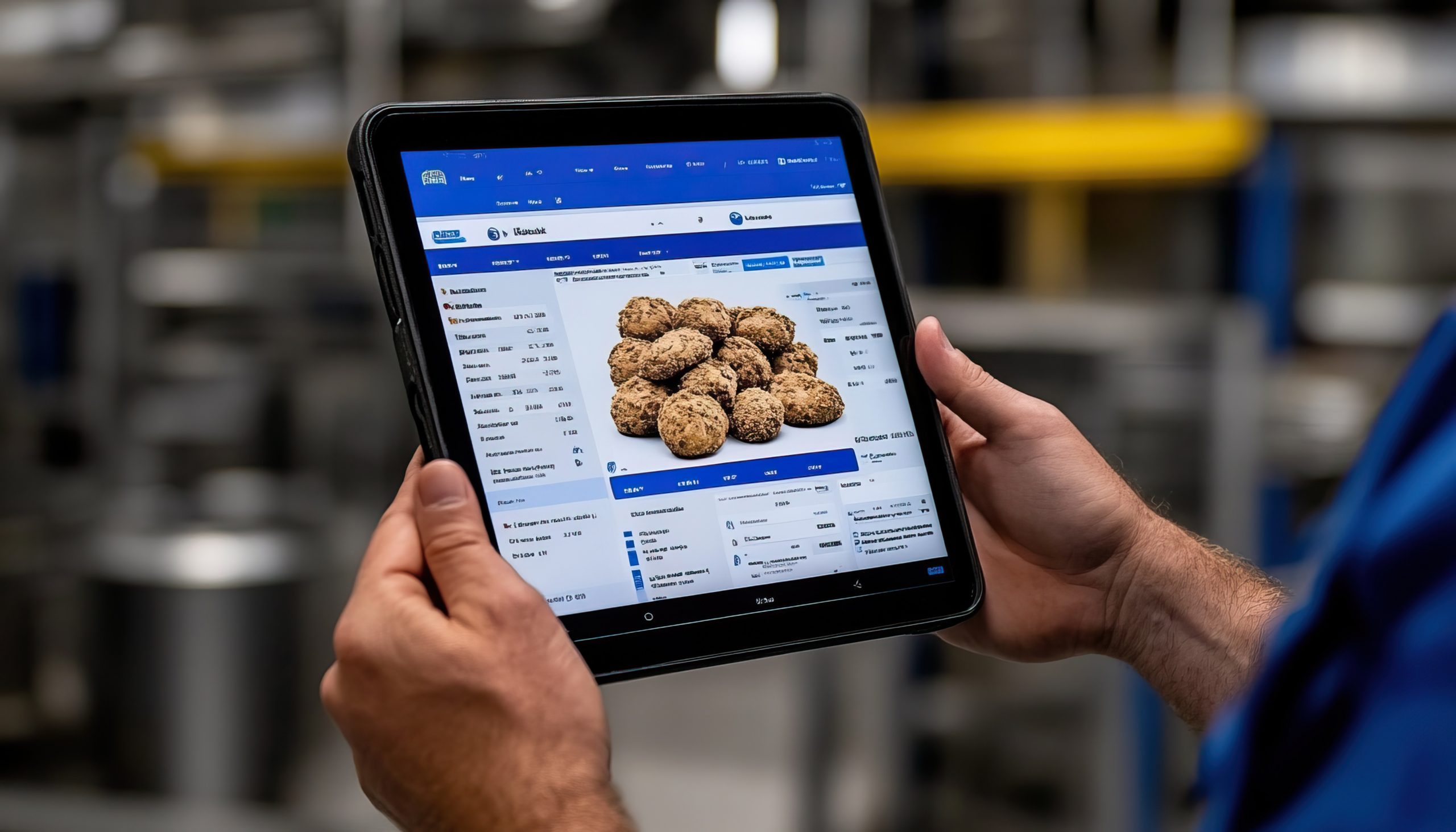 A person holds a tablet displaying an online interface with imag