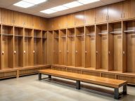 A row of wooden lockers with a long bench in front of them in a