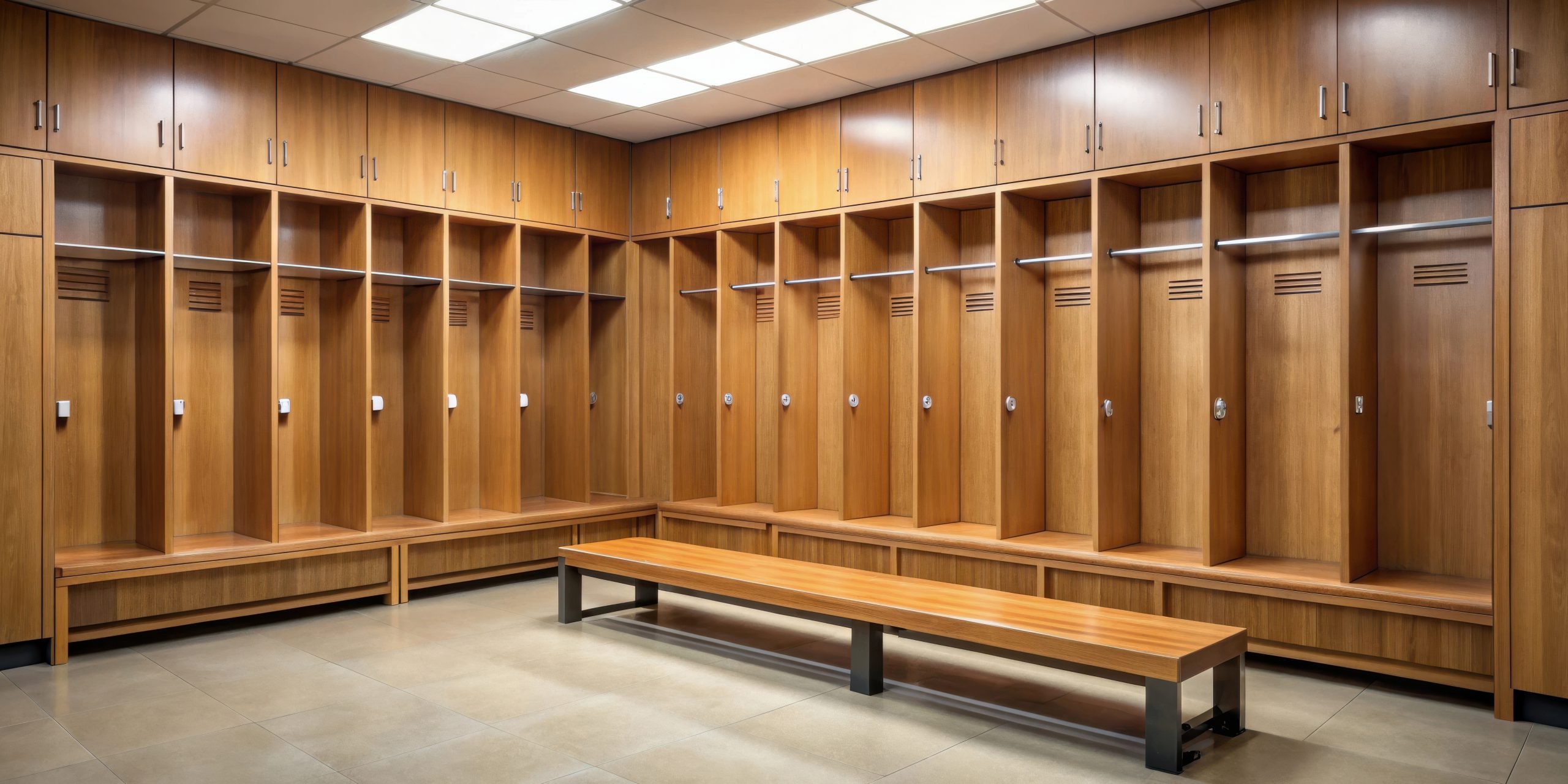 A row of wooden lockers with a long bench in front of them in a