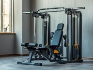 A modern gym setup featuring a multi-station weight machine and bench for strength training.