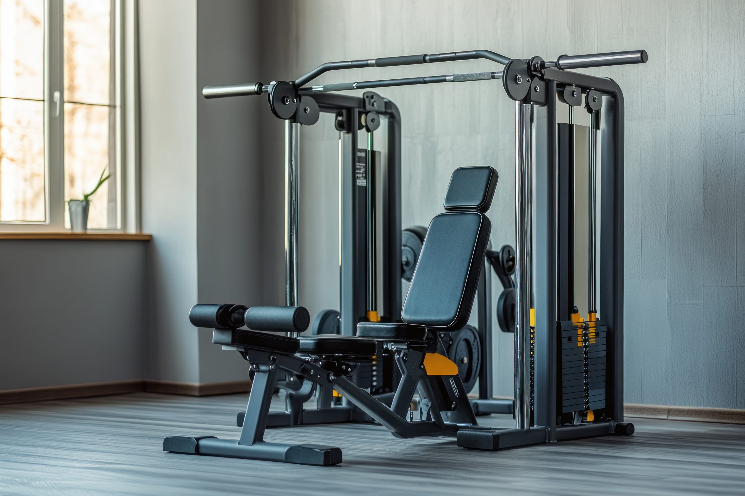 A modern gym setup featuring a multi-station weight machine and bench for strength training.