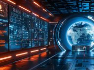 Virtual reality testing lab for digital products, bright ambient lighting, detailed environment, futuristic QA process