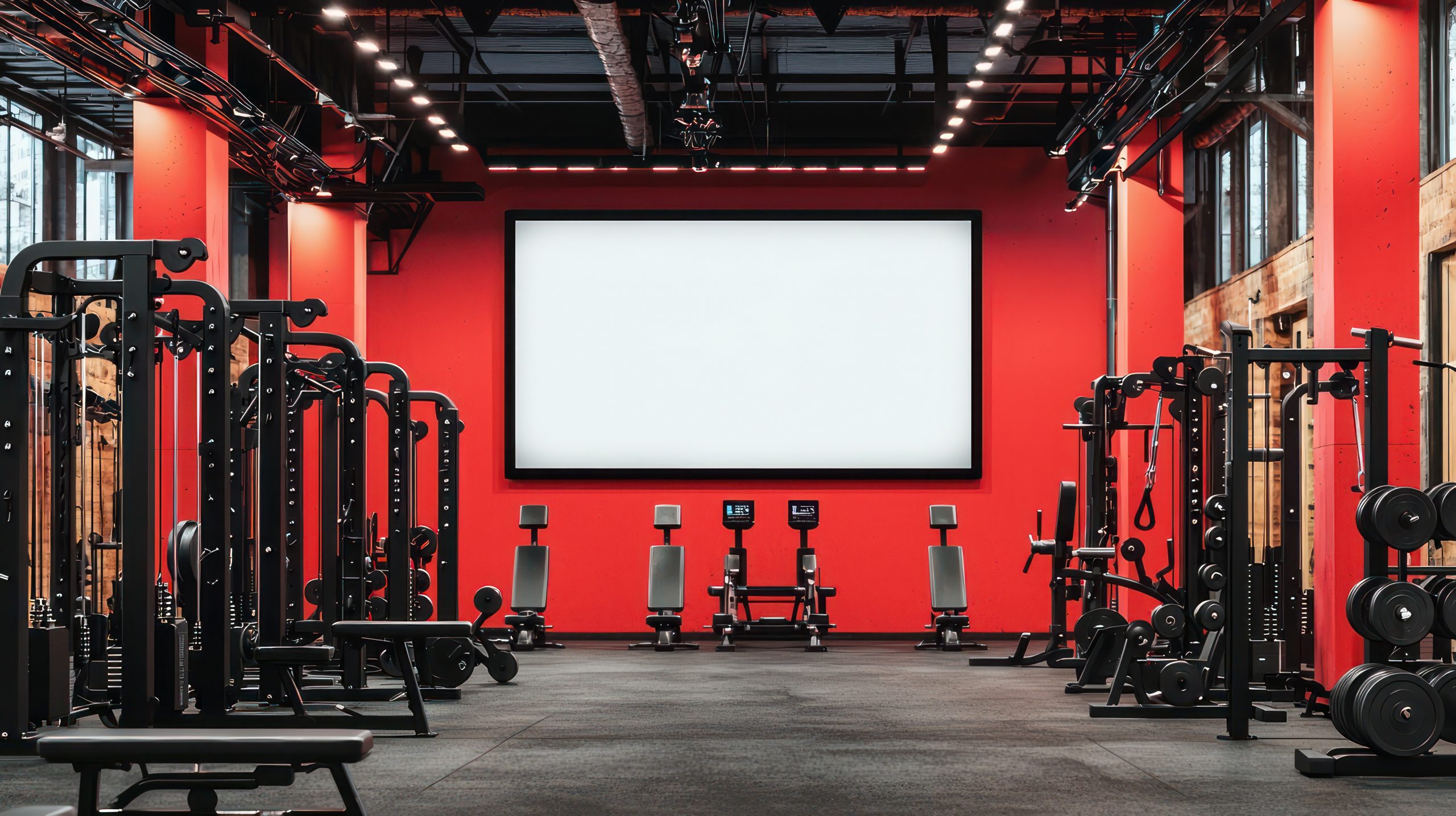 Modern gym design with blank screen for content, surrounded by w