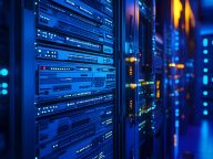 Close-up view of server racks in a data center.