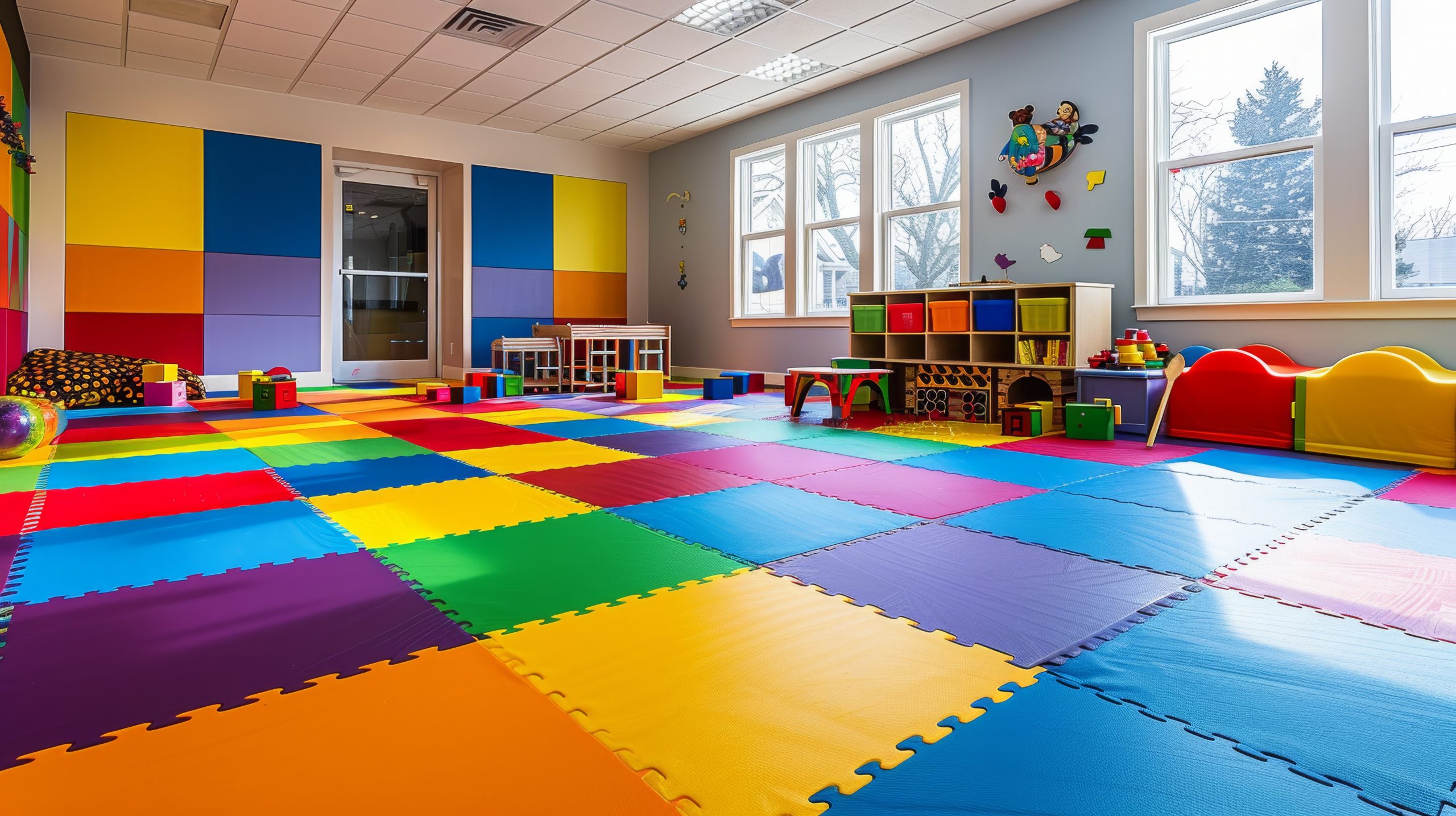 A photo of a playful playroom with brightly colored rubber floor
