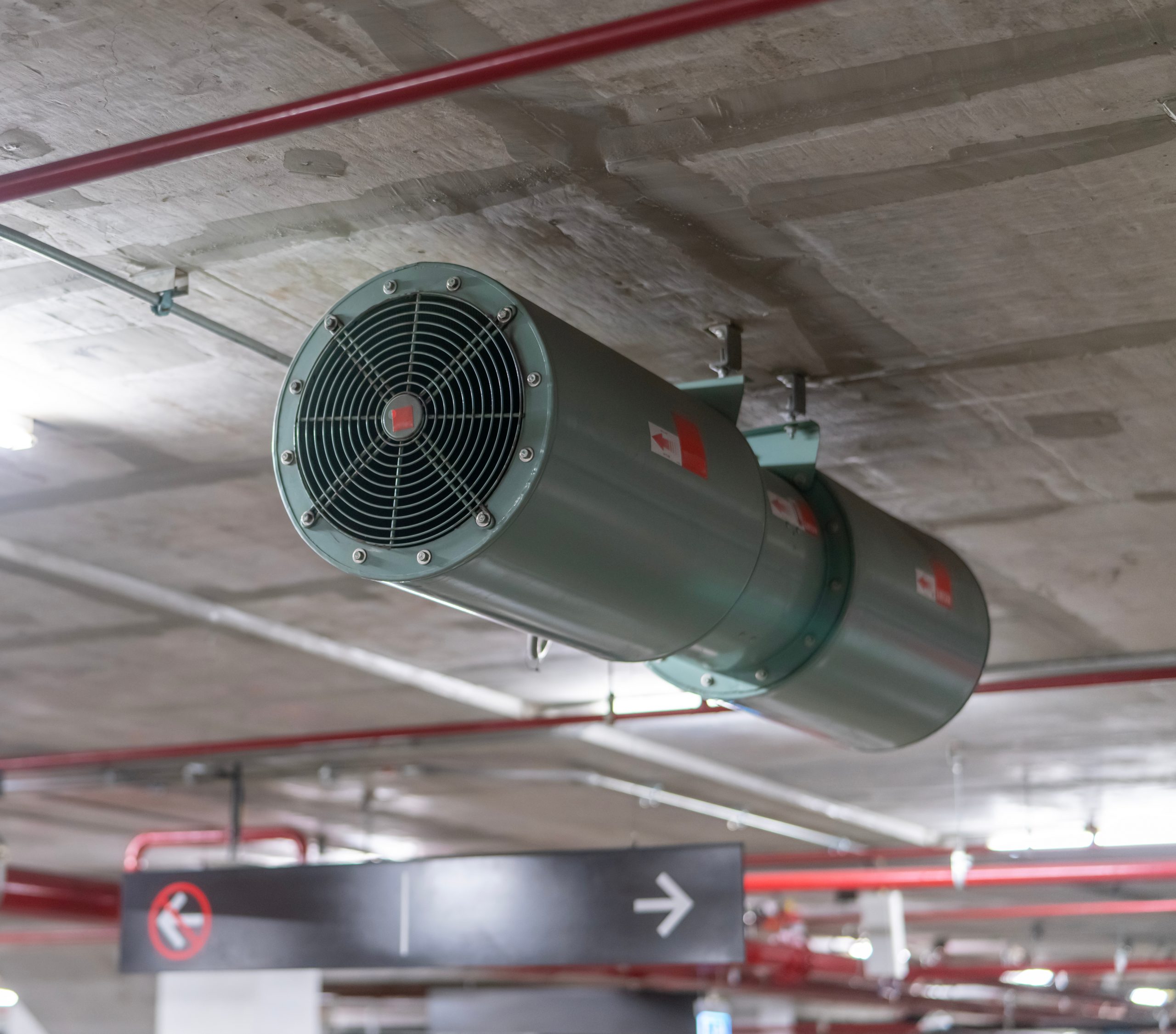 Jet fan at underground parking area. Ventilation fan in the park